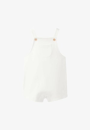 Combinaison blanche pour bébé avec poche frontale, bretelles ajustables fixées par deux boutons en bois.