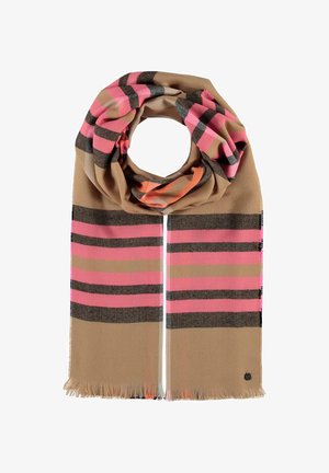Écharpe beige avec des rayures horizontales en rose, noir et marron. Présente des extrémités effilochées et un petit accent de logo. Tissu doux et tissé.