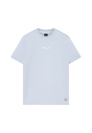 Lichtblauw katoenen T-shirt met korte mouwen, ronde hals en een wit logo op de voorkant. Eenvoudig ontwerp, zonder patronen of accenten.