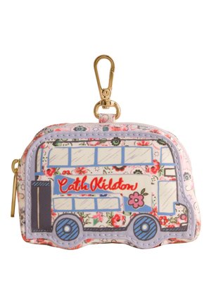 Lille stof møntpose formet som en dobbeltdækkerbus, blomsterprint, lynlås, gyldent klip, ”Cath Kidston”-logo på siden i rød skrift.