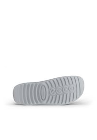 Suola di scarpa in gomma bianca con scanalature orizzontali e verticali, logo del marchio centrato, bordi arrotondati e una superficie liscia.