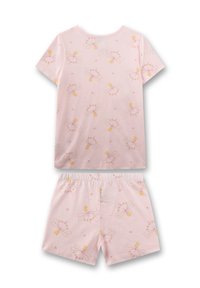Pink cotton pajama set featuring a short-sleeve top and shorts, decorated with yellow and pink dragonfly patterns across the fabric.