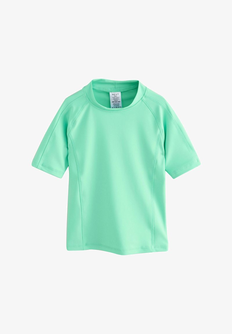Schlichtes mintgrünes Kurzarm-Badeshirt mit Rundhalsausschnitt und sichtbaren Nahtdetails, geeignet für Kinder im Alter von sechs Jahren.