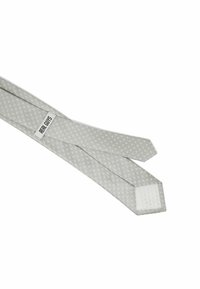 Grau gestreifte Stoffkrawatte mit einem dezenten Punktmuster, schlanker Form und spitzem Ende. Unterhalb befindet sich ein weißes Etikett mit der Aufschrift "REAL GUYS".