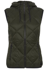 Kurtka bezrękawnik z kapturem, pikowana, ciemnozielona tkanina, zamek błyskawiczny z przodu, dwie boczne kieszenie na zamek błyskawiczny oraz czarne sznurki w kapturze.