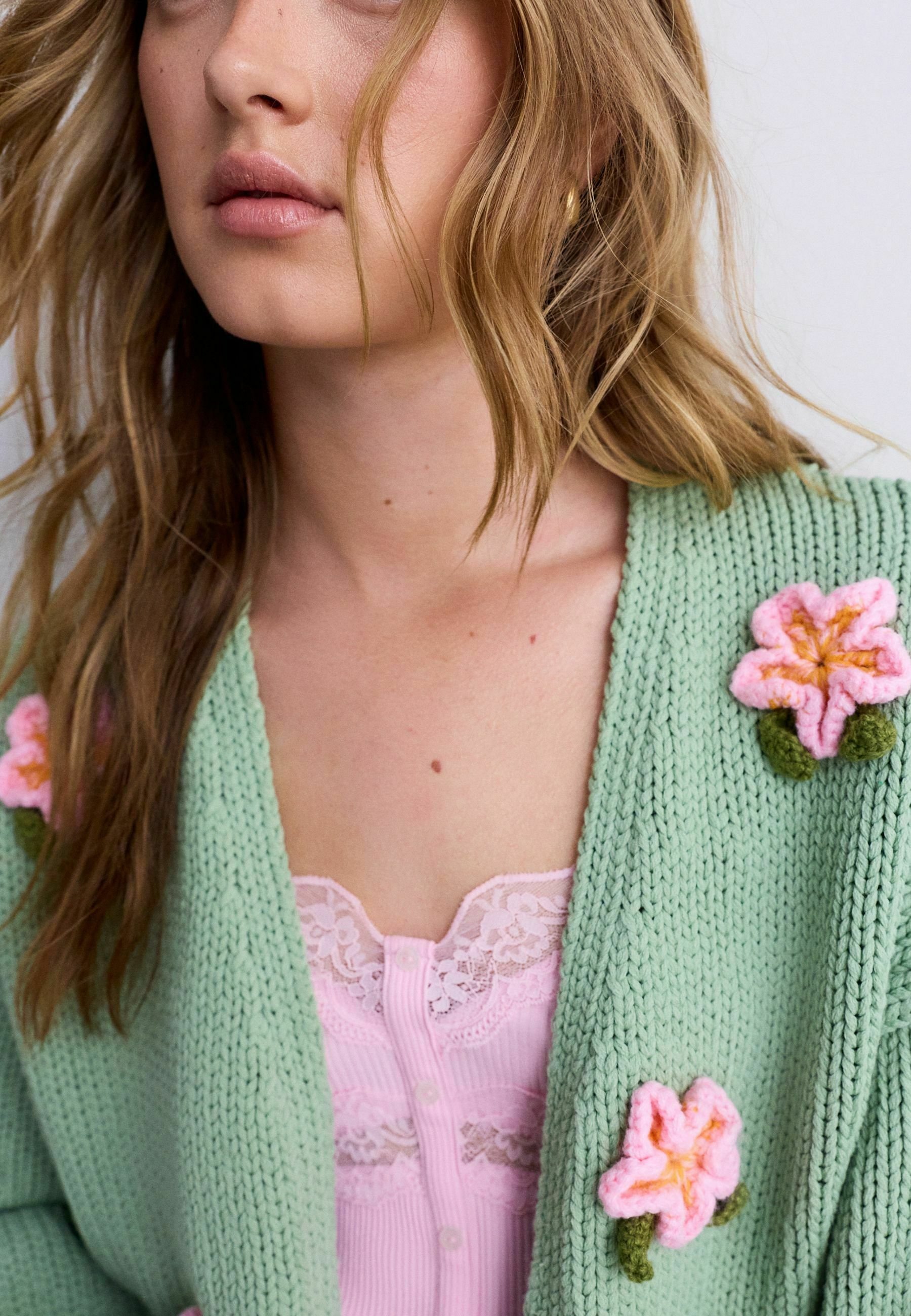 トップス rose motif lame knit cardigan mint Next Cardigan - mint green d pink flowers/green - Zalando