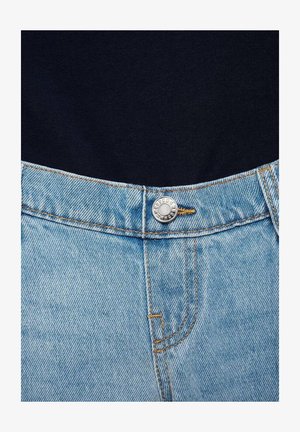 Light blue denim jeans featuring a metal button closure, contrast stitching, five pockets, and a slightly faded texture.