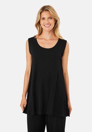 Túnica sin mangas negra con cuello redondo y corte relajado. Fabricada en una tela suave con una textura lisa y aberturas laterales para mayor comodidad.