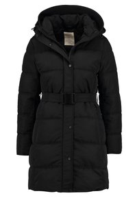 Abrigo acolchado negro con capucha, que presenta una cintura ceñida con cinturón, textura acolchada, cierres a presión y un forro suave e insulated.