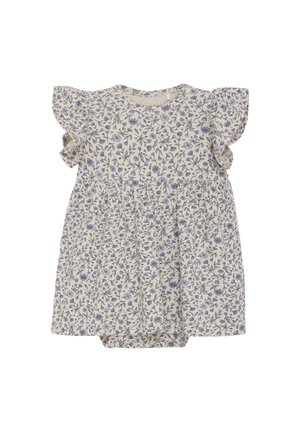 Babykjole med lilla blomsterprint, puffede korte ærmer og indsnøring i taljen på en lys beige baggrund.