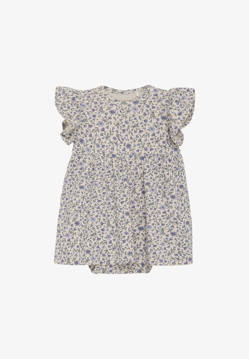 Sukienka dla niemowląt z fioletowym kwiatowym wzorem, krótkimi bufkami i marszczoną talią na jasnobeżowym tle.