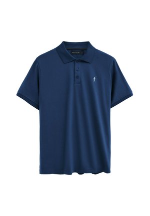 Donkerblauw poloshirt met korte mouwen, kraag, drie knopen en een klein wit geborduurd golferlogo op de linkerborst.