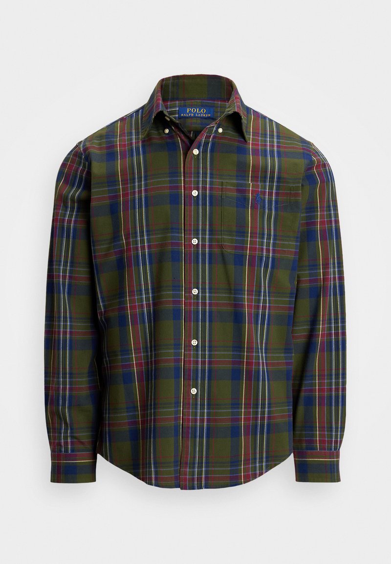 Long-sleeve plaid shirt in green, featuring red, blue, and yellow patterns. Button-up style with a chest pocket and logo on the left side.