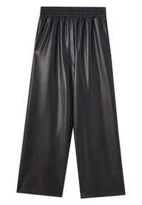 Schwarze, Kunstleder-Culottes mit einem elastischen Bund, glatter Textur, weitem Bein und knielanger Schnittform.