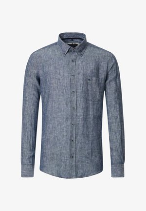 Langärmeliges Hemd mit Knöpfen aus strukturiertem dunkelblaubem Stoff, mit einer einzelnen Brusttasche und einem Kragen, das durchgehend mit Knopfleisten versehen ist.