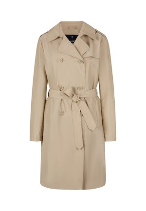 Beige trench coat with a double-breasted design, large buttons, and a fabric belt. Features a classic collar and long sleeves.