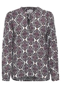 Blouse à manches longues avec un col rond et un lien, présentant un motif géométrique floral répétitif en violet, noir et blanc.