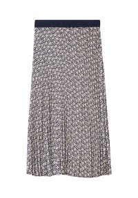 Jupe plissée bleu marine avec un petit motif floral crème. Taille élastique, design mi-long et texture de tissu légère.