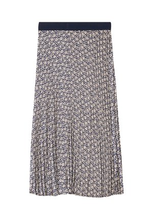 Marineblauwe plissé rok met klein bloemenpatroon in crème. Elastische tailleband, middellange stijl en lichte stofstructuur.