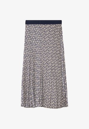 Laivastonsininen laskostettu hame, jossa on pieni kukkakuosi vaaleassa kermanvärissä. Elastinen vyötärö, puolipitkä malli ja kevyen kankaan rakenne.