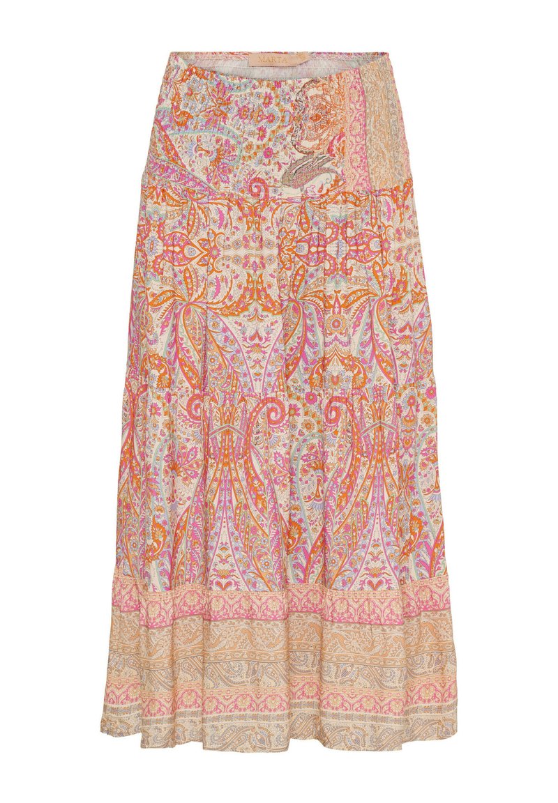 Blomstermønstret maxi-nederdel i beige, pink og orange nuancer, med en gatheret talje og lagdelt kant med dekorative detaljer.