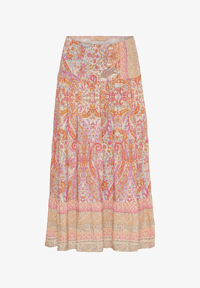 Blomstermønstret maxi-nederdel i beige, pink og orange nuancer, med en gatheret talje og lagdelt kant med dekorative detaljer.