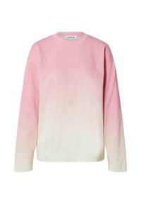 Pyöreäkauluksinen neulepaita, jossa on pitkät hihat ja vaaleanpunaisesta valkoiseen liukuvärjätty ombre-kuvio. Valmistettu pehmeästä kankaasta, jossa on sileä pinta.