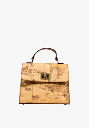 Borsa a tracolla in pelle color tan con design mappamondo, caratterizzata da una forma strutturata, manico superiore e chiusura a scatto dorata.
