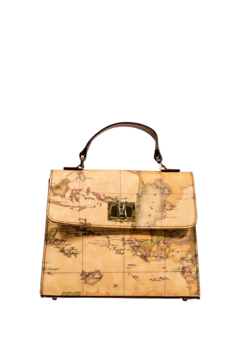 Borsa a tracolla in pelle color tan con design mappamondo, caratterizzata da una forma strutturata, manico superiore e chiusura a scatto dorata.