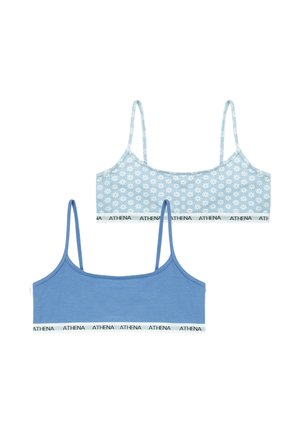 Deux hauts courts rembourrés pour filles avec fines bretelles; l'un uni bleu, l'autre bleu clair avec des marguerites blanches, tous deux avec des bandes élastiques marquées "ATHENA".