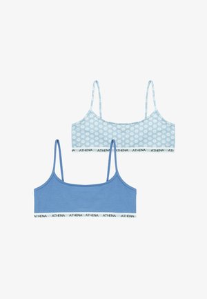 Deux hauts courts rembourrés pour filles avec fines bretelles; l'un uni bleu, l'autre bleu clair avec des marguerites blanches, tous deux avec des bandes élastiques marquées "ATHENA".