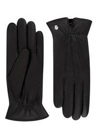 Schwarze Lederhandschuhe mit weicher Textur, taillierter Passform, gefälteltem Handgelenkdetails und einem kleinen Logo-Akzent an der Seite.
