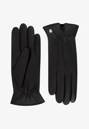 Black leather gloves with a soft texture, fitted design, pleated wrist detail, and a small logo accent on the side.
