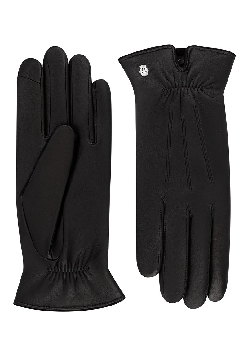 Schwarze Lederhandschuhe mit weicher Textur, taillierter Passform, gefälteltem Handgelenkdetails und einem kleinen Logo-Akzent an der Seite.
