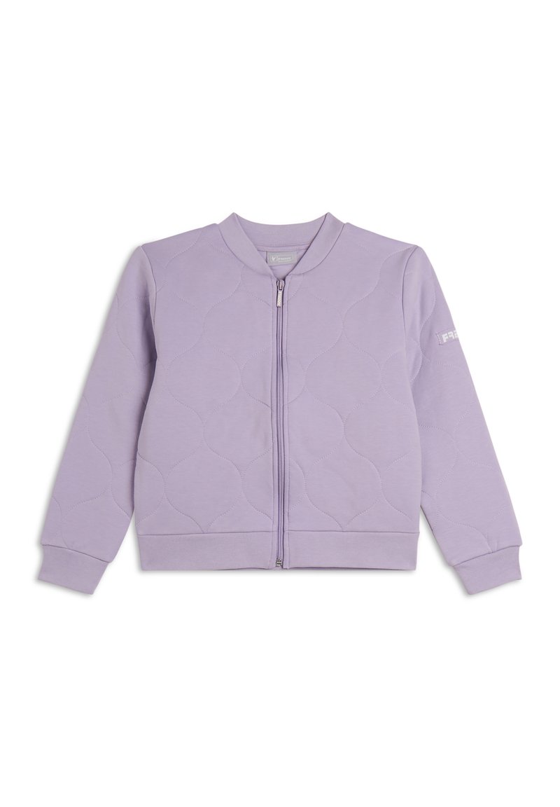 Chaqueta con cremallera acolchada en color lavanda, con puños y dobladillo acanalados, cuello redondo y un patrón de costura sutil en toda la tela.