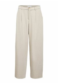 Pantalon large beige en tissu léger, doté d'une fermeture à crochet et bouton, de plis à l'avant et d'un ourlet à la cheville.