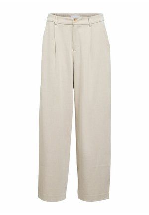 Pantalon large beige en tissu léger, doté d'une fermeture à crochet et bouton, de plis à l'avant et d'un ourlet à la cheville.