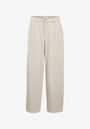 Pantalones beige de pierna ancha hechos de tela ligera, con cierre de gancho y botón, plisados delanteros y bajo a la altura del tobillo.