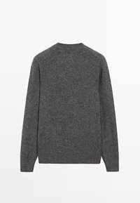 Maglione di lana grigio con scollo tondo e maniche lunghe. Presenta una texture morbida e un design semplice e classico senza decorazioni.