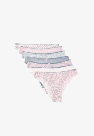 Sept culottes pour femmes de style bikini en rose pastel, bleu et blanc avec des motifs floraux et géométriques ainsi que de petits nœuds à l'avant.