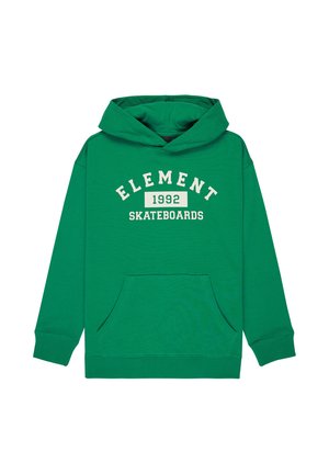 Grüner Kapuzenpullover mit Vorderfach, auf der Brust mit weißem Text "ELEMENT 1992 SKATEBOARDS" bedruckt.