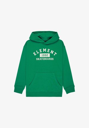Grüner Kapuzenpullover mit Vorderfach, auf der Brust mit weißem Text "ELEMENT 1992 SKATEBOARDS" bedruckt.