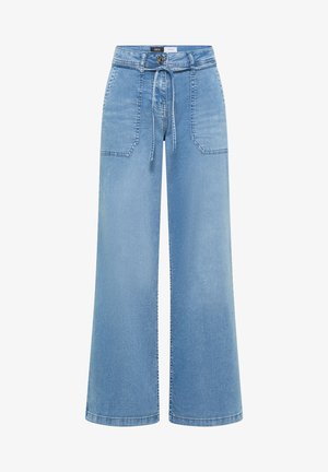 Lyseblå denim bukser med vide ben, højtaljede, forlommer med lap, knaplukning og snøre i taljen.