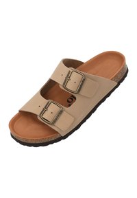 Beige suède slipper sandaal met twee verstelbare gespen, kurken voetbed en rubberen zool. Kenmerkt zich door een ronde neus en een textuur in de binnenzool voor comfort.