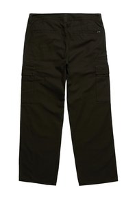 Dark green cargo pants with a straight fit, multiple side pockets, and a smooth cotton texture, featuring a classic waistband design.