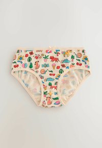 Beige undertøj med farverige prints af dyr, frugter og blomster. Funktioner i blødt materiale, en glat elastik i taljen og en lille sløjfe som pynt.