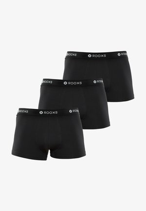 Drei Paar schwarze Herrenboxershorts mit einem weichen Bund, auf dem der Markenname "ROOXS" in weißen Buchstaben steht. Glattes Textilgewebe.