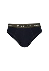 Czarne bawełniane slipy o dopasowanym kroju, z oliwkowym pasem oznaczonym napisem "PRÓCHNIK" w białym kolorze.