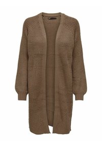 Cardigan marrone lavorato a maglia con apertura frontale, maniche lunghe e tessuto variegato. Caratterizzato da polsini a coste e vestibilità rilassata.