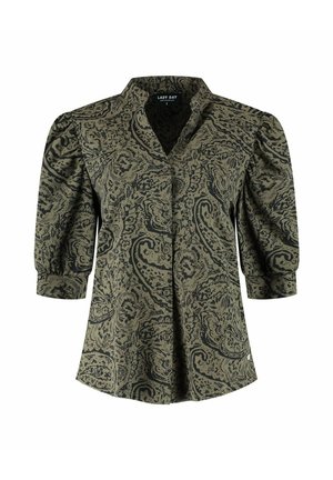 Olivengroene blouse met zwarte abstracte paisleyprint, knoopsluiting aan de voorkant, pofdriekwart mouwen en een kleine opstaande kraag.